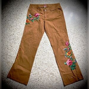 Johnny Was JW Los Angeles Deep Gold Colored Embroidered Lightweight Denim Pants